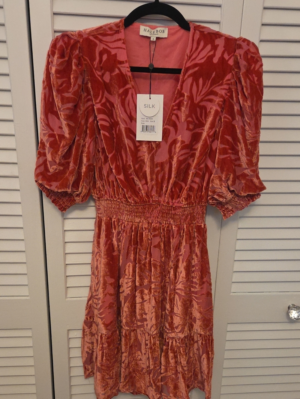 Hale Bob Coral-Pink Velvet Burnout Puff-Sleeve Mini